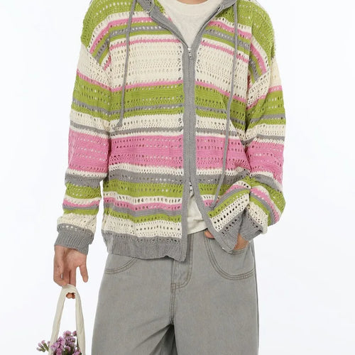 Load image into Gallery viewer, Y2k Aesthetic Vintage Thin Knitted Hooded Cardigan  Autumn Oversize Loose Stripe Women Sweater Zipper Harajuku Cardigans Femme
