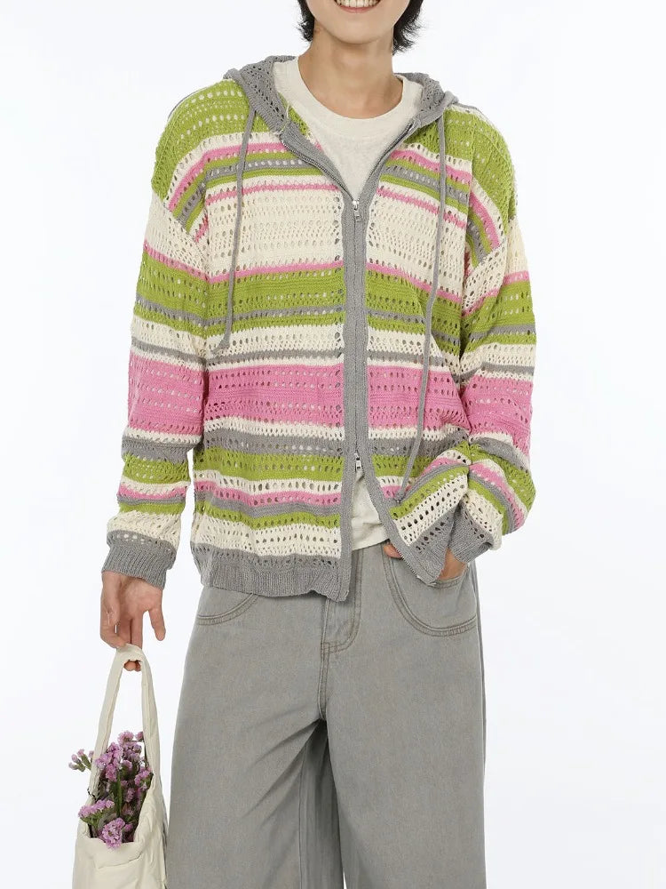 Y2k Aesthetic Vintage Thin Knitted Hooded Cardigan  Autumn Oversize Loose Stripe Women Sweater Zipper Harajuku Cardigans Femme