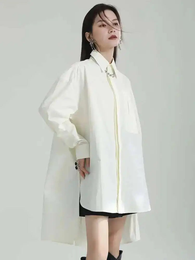 Women Blue Irregular Big Size Long Blouse New Lapel Long Sleeve Loose Fit Shirt Fashion Tide Spring Autumn 2025 1DF6598