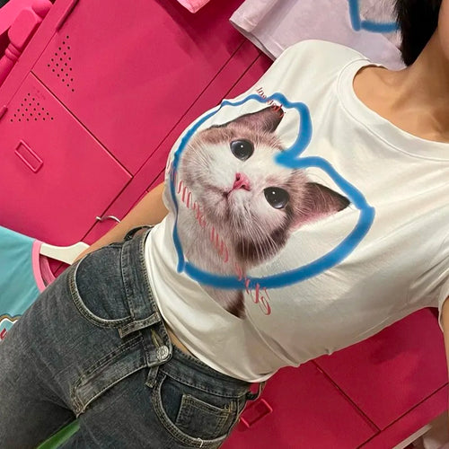 Load image into Gallery viewer, Y2k Aesthetics Crop Top Korean Fashion Kitten Print T-shirt Kpop Designer Clothes Kawaii Cat Short Sleeve Tshirt Sweet
