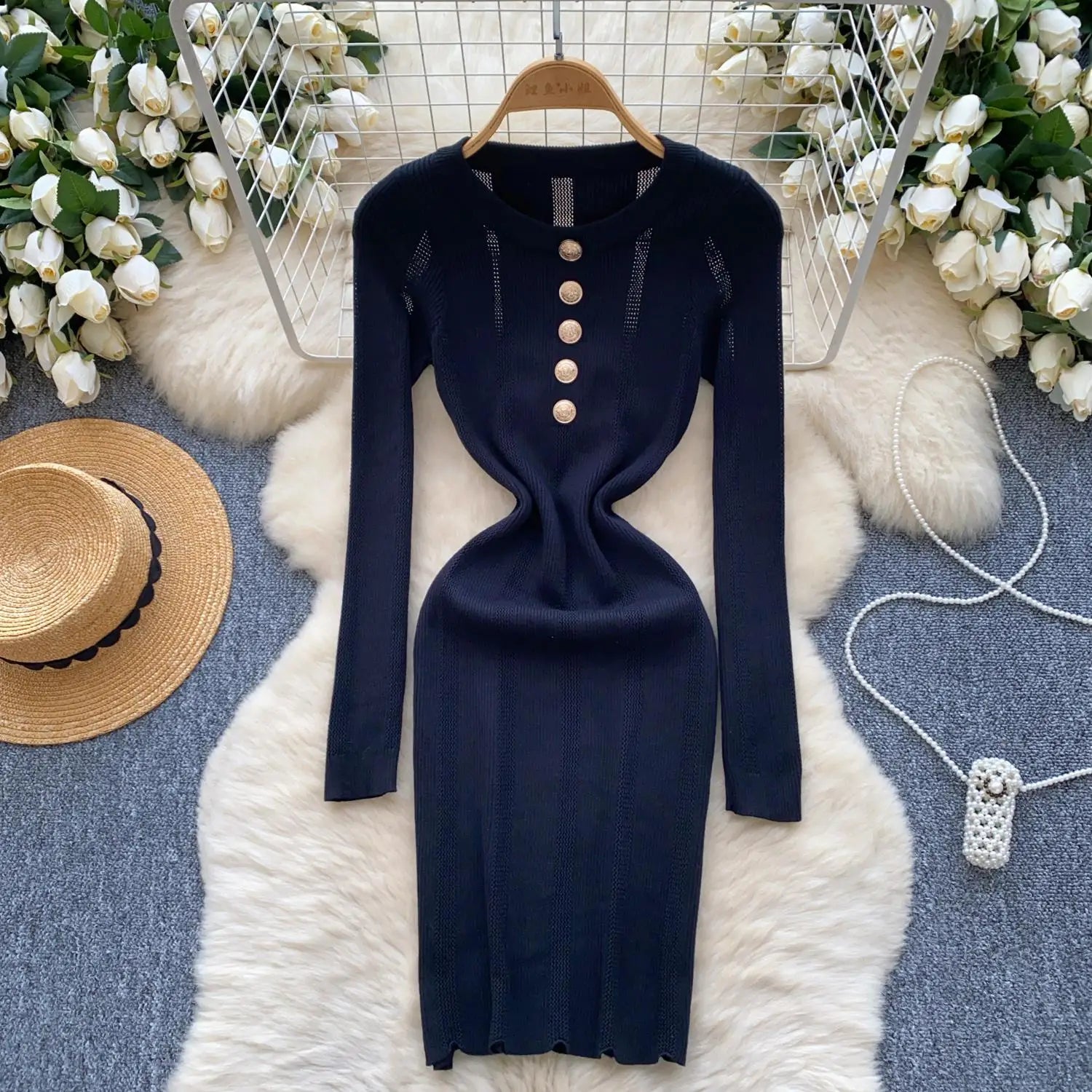 Retro 2024 Autumn Winter New Solid Long Sleeves Mini Dress Women's Elegant Office Lady Button Short Knit Dress Popular Clothing