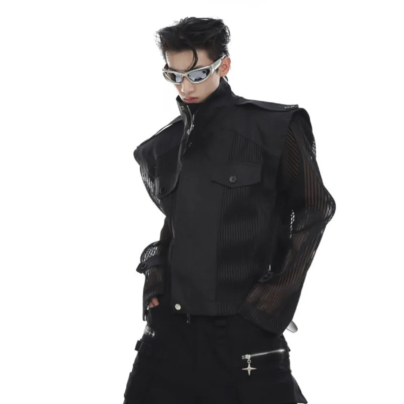 Deconstruction Mesh Splicing Jacket Niche Design Punk Sun Protection 2025 Spring Male Thin Motorcycle Jackets Tide 9C274