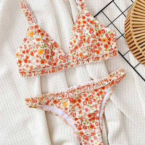 Load image into Gallery viewer, Floral Halter Bikini 2024 Sexy Push Up Swimwear Women Brazilian Swimsuit Thong Biquini High Cut Bathing Suit
