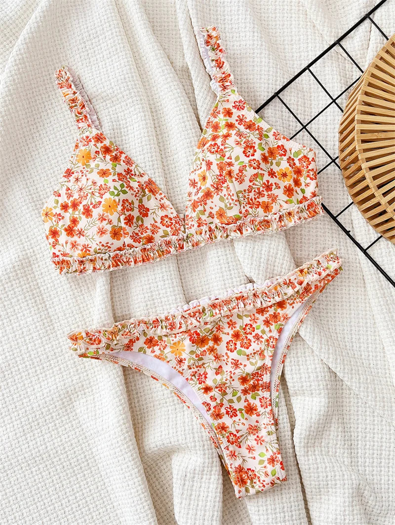 Floral Halter Bikini 2024 Sexy Push Up Swimwear Women Brazilian Swimsuit Thong Biquini High Cut Bathing Suit