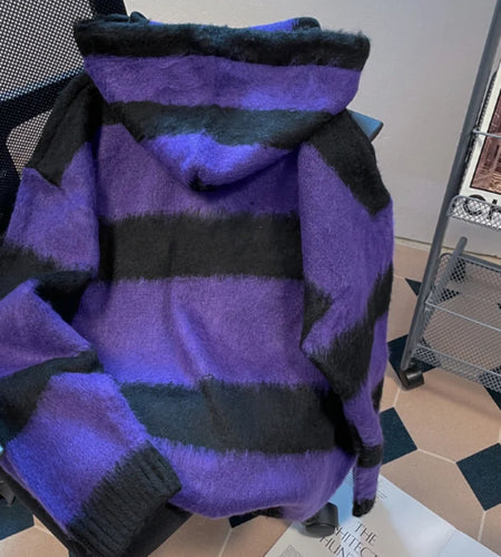 Y2k Aesthetic Star Patchwork Cardigan Femme Striped Vintage Pull  2025 Spring Mohair Harajuku Hooded Fashion Women Sweaters