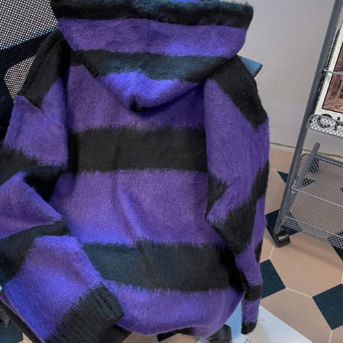 Load image into Gallery viewer, Y2k Aesthetic Star Patchwork Cardigan Femme Striped Vintage Pull  2025 Spring Mohair Harajuku Hooded Fashion Women Sweaters
