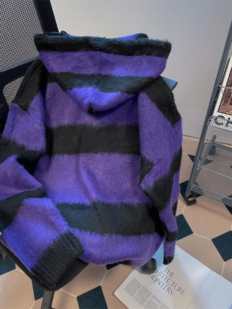 Y2k Aesthetic Star Patchwork Cardigan Femme Striped Vintage Pull  2025 Spring Mohair Harajuku Hooded Fashion Women Sweaters