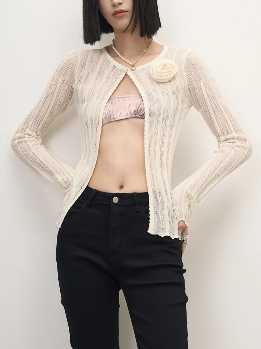 Solid Slimming Knitted Cardigan For Women Round Neck Long Sleeve Patchwork Appliques Sexy Sweaters Female Fashion