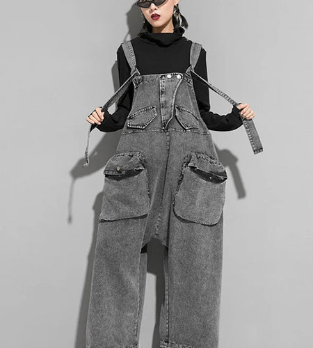 High Waist Black Pockets Denim Big Size Overalls Trousers New Loose Fit Pants Women Fashion Tide Spring Autumn 2025 1K164