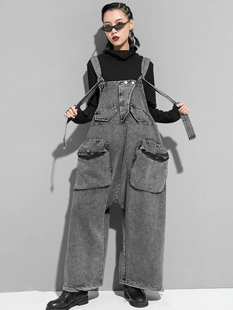High Waist Black Pockets Denim Big Size Overalls Trousers New Loose Fit Pants Women Fashion Tide Spring Autumn 2025 1K164
