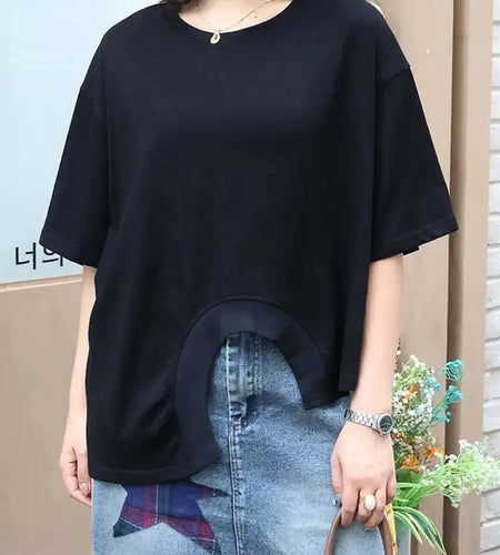 Women Black Irregular Hem Big Size Casual T-shirt New Round Neck Short Sleeve Fashion Tide Spring Summer 2025 1DJ0407