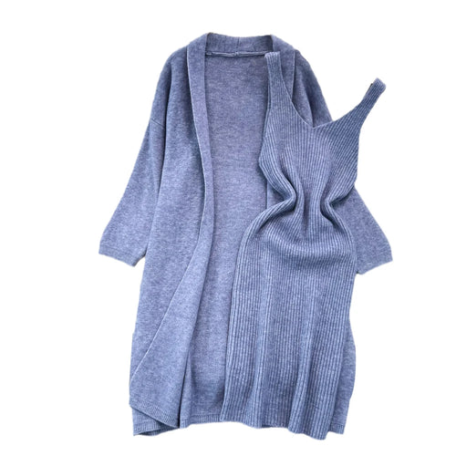 Load image into Gallery viewer, Autumn Thick Warm Solid Knitted Suit 2023 Stripe V Neck Vest Dress+ Loose Long Cardigans Sweater Home Wear Casual Two Pieces Set
