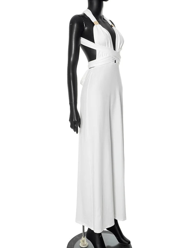 Halter Deep V Neck Sexy Maxi Dress For Women Fashion Solid Sleeveless Backless Lace-up Club Party Long Dress Vestido