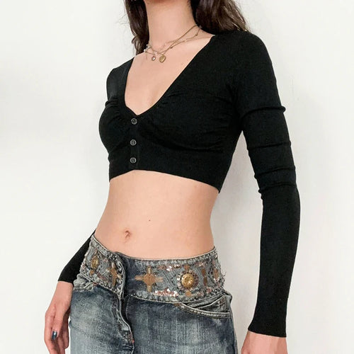 Load image into Gallery viewer, Fashion V Neck Black Skinny Crop Top Party T-shirts Basic Ladies Buttons Up Folds Long Sleeve Autumn Tee Elegant
