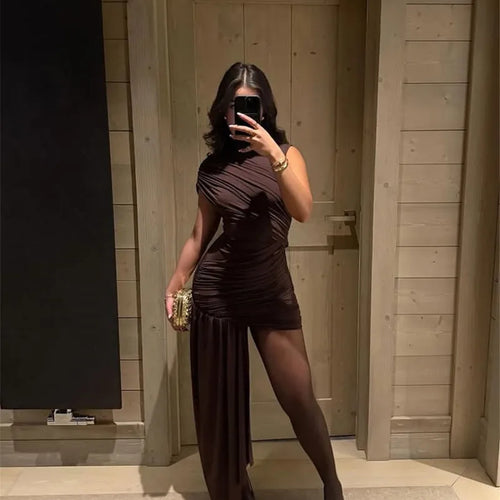 Load image into Gallery viewer, Irregular Draped Ruched Sexy Mini Dress For Women Elegant Turtleneck Sleeveless High Waist Pleated Club Party Dress
