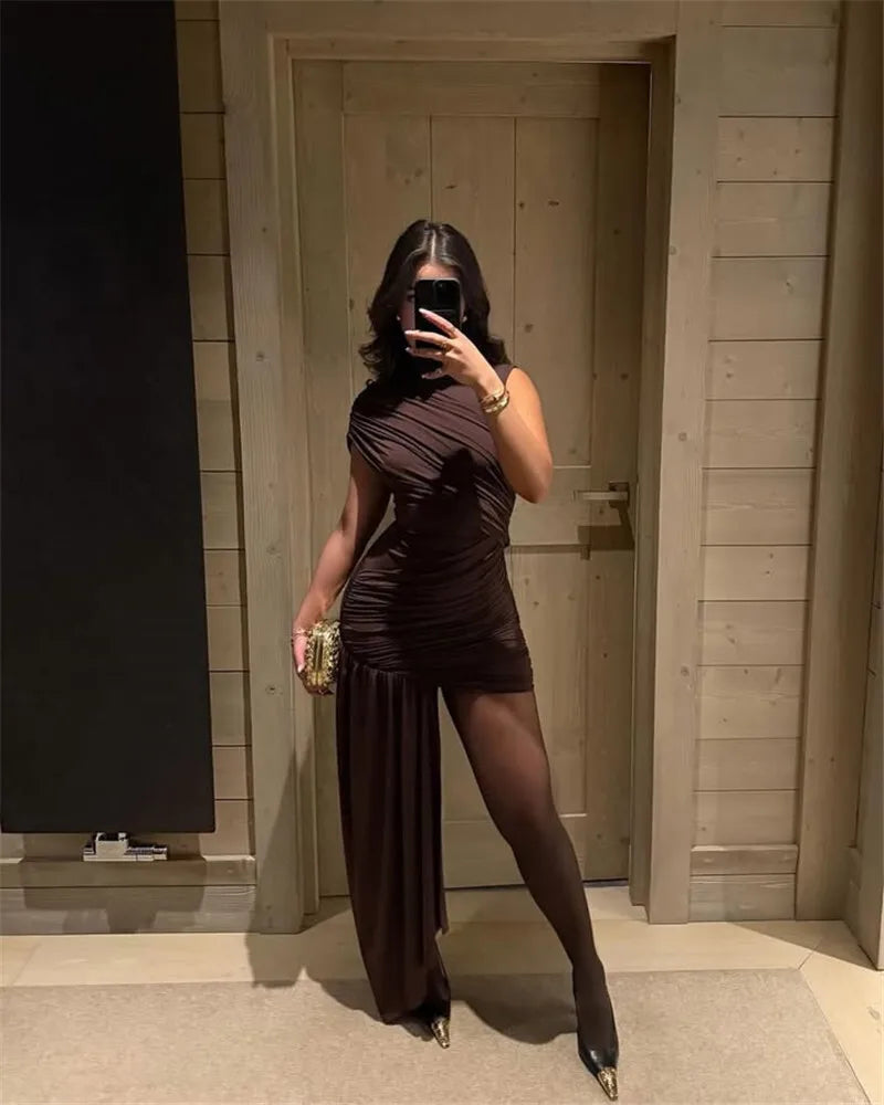 Irregular Draped Ruched Sexy Mini Dress For Women Elegant Turtleneck Sleeveless High Waist Pleated Club Party Dress