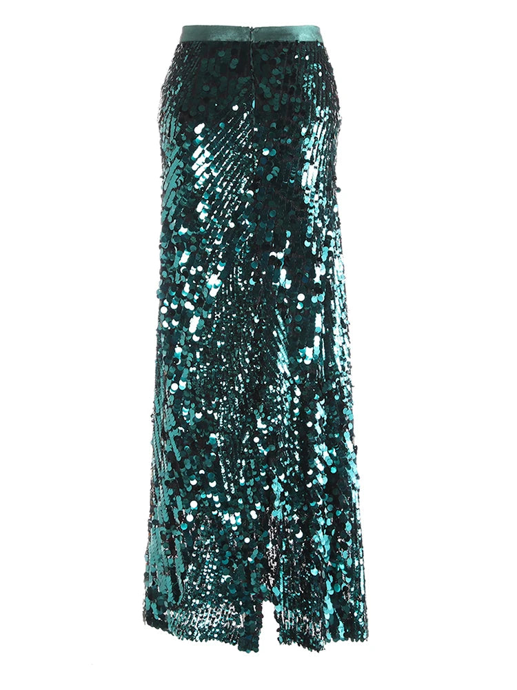High Elastic Waist Black Sequins Back Slit Elegant Half-body Skirt Women Fashion Tide New Spring Autumn 2025 1DJ1138