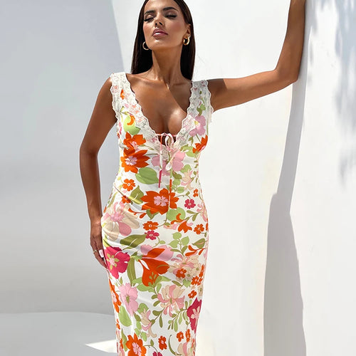 Load image into Gallery viewer, Floral Print Backless Maxi Dress For Women 2023 New V Neck Sleeveless Bodycon Long Dresses Ladies Elegant Sexy Dress
