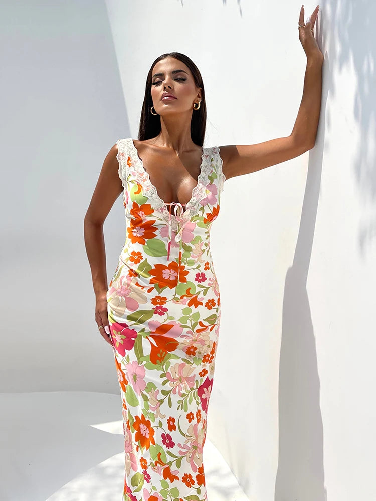 Floral Print Backless Maxi Dress For Women 2023 New V Neck Sleeveless Bodycon Long Dresses Ladies Elegant Sexy Dress