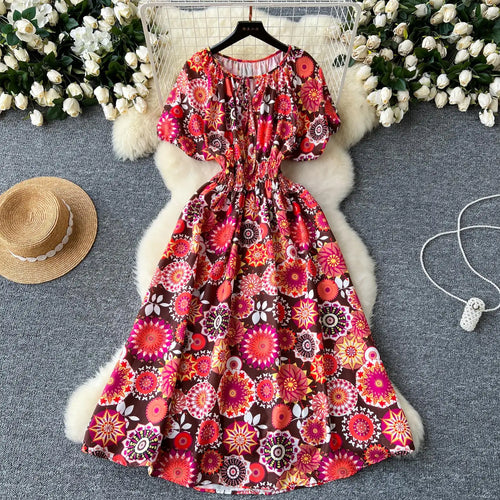 Load image into Gallery viewer, French Retro Women Print Vacation Long Dress 2024 Summer High Waist Round Neck Short Sleeved Lace-up Pleated Dress Bohemian Chic

