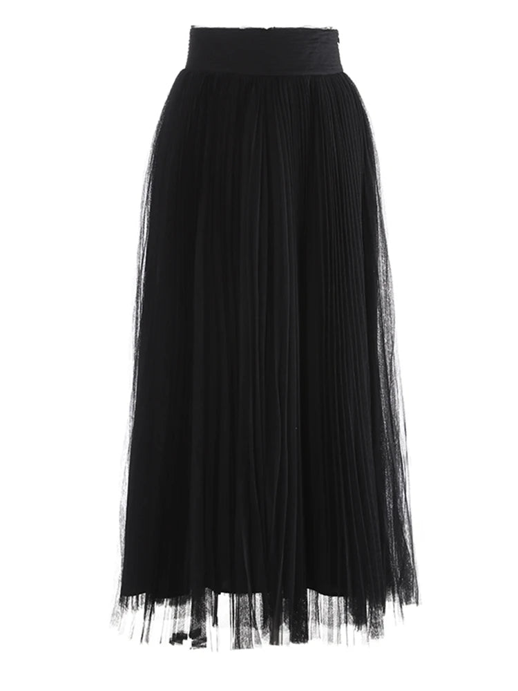 High Elastic Waist Rose Red Mesh Pleated Elegant  A-line Half-body Skirt Women Fashion Tide New Spring Autumn 2025 1DJ1079