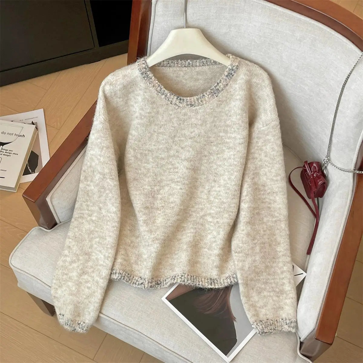 Korean Simple Khaki Long Sleeves Loose Knit Crochet Sweater Women's Round Neck Office Lady Short Pullover Tops Autumn Winter New