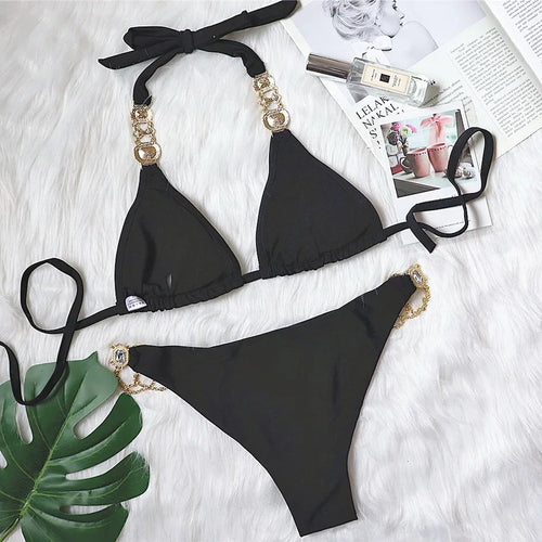 Load image into Gallery viewer, Sexy 2024 Rhinestones Bikini Push Up Swimwear Women Chain Brazilian Swimsuit Halter Biquini Two Pieces Bathing Suit
