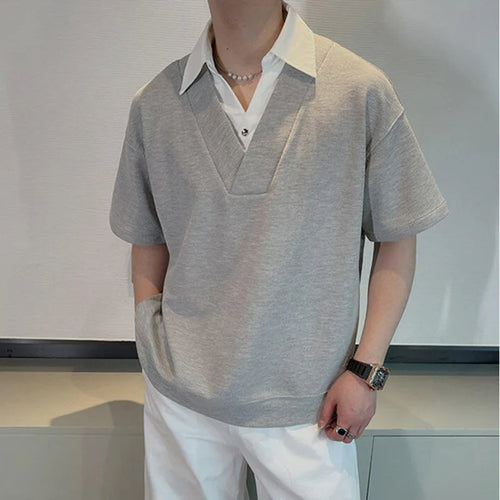Load image into Gallery viewer, Men's Short Sleeve T-shirts New Summer Korean Casual Turn-down Collar Splicing Fake Two-piece Design Male Top 9W1676

