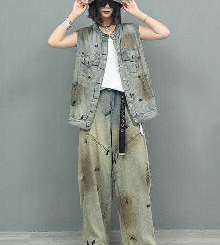Big Size Denim Vest Wide Leg Pants Two Piece Suit New Round Neck Sleeveless Women Fashion Tide Spring Autumn 2025 1DJ0966