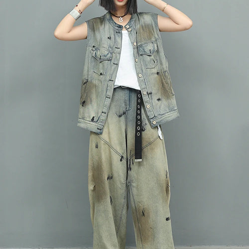 Load image into Gallery viewer, Big Size Denim Vest Wide Leg Pants Two Piece Suit New Round Neck Sleeveless Women Fashion Tide Spring Autumn 2025 1DJ0966
