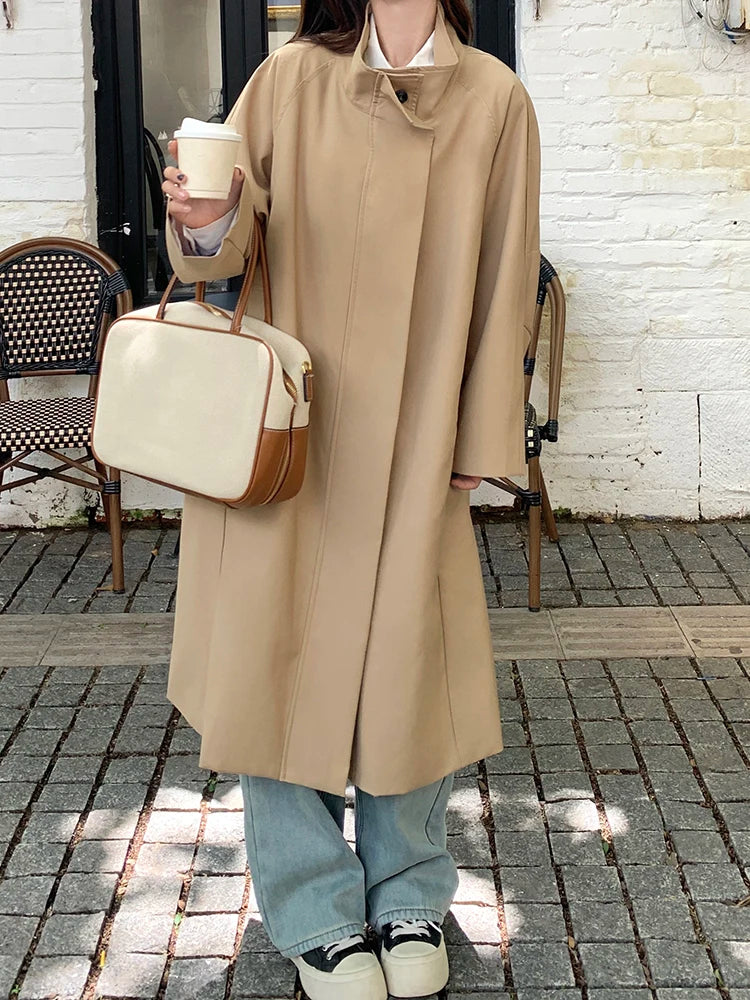 Women Khaki Double Layers Big Size Long Trench New Lapel Long Sleeve Windbreaker Fashion Tide Spring Autumn 2025 1DH9732