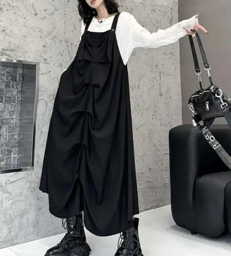 Women Black Pleated Irregular Big Size Strap Dress New Square Collar Sleeveless Fashion Tide Spring Autumn 2025 1DH6829
