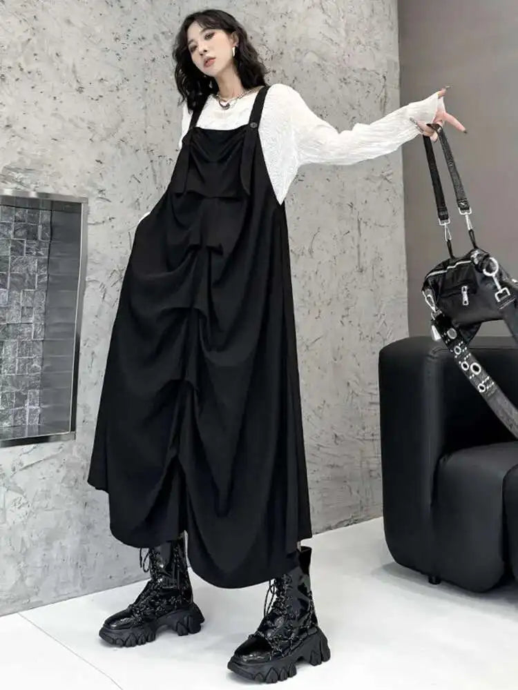 Women Black Pleated Irregular Big Size Strap Dress New Square Collar Sleeveless Fashion Tide Spring Autumn 2025 1DH6829