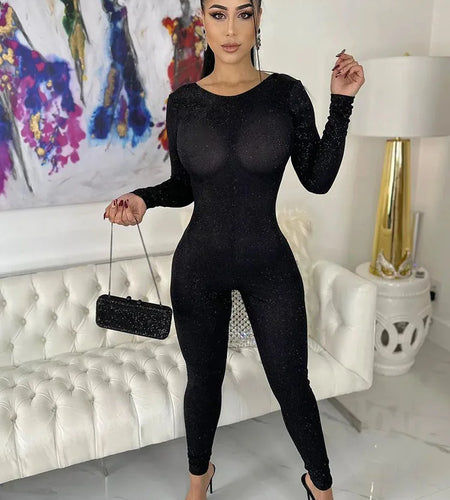 Sexy Tight Shiny Long Sleeve Jumpsuit Women Backless Skinny Elastic Slim Fit Jumpsuit Casual Charm Party Club Autumn New