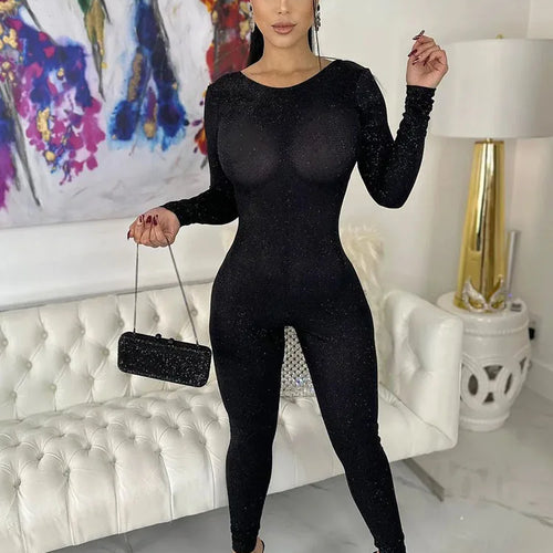 Load image into Gallery viewer, Sexy Tight Shiny Long Sleeve Jumpsuit Women Backless Skinny Elastic Slim Fit Jumpsuit Casual Charm Party Club Autumn New
