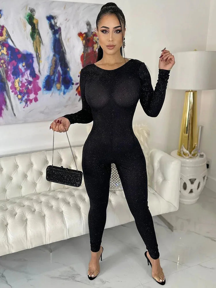Sexy Tight Shiny Long Sleeve Jumpsuit Women Backless Skinny Elastic Slim Fit Jumpsuit Casual Charm Party Club Autumn New