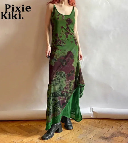 Abstract Print Green Mesh Dress Subversive Clothing Y2k Long Robes for Women Sexy Backless Maxi Dresses P65-EZ28