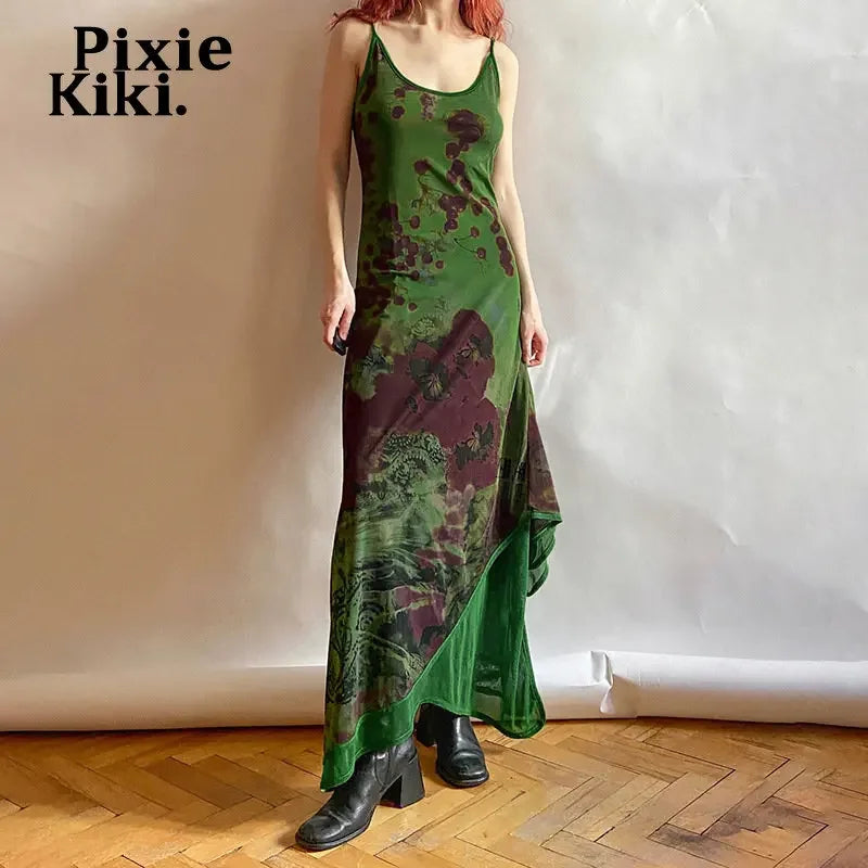 Abstract Print Green Mesh Dress Subversive Clothing Y2k Long Robes for Women Sexy Backless Maxi Dresses P65-EZ28