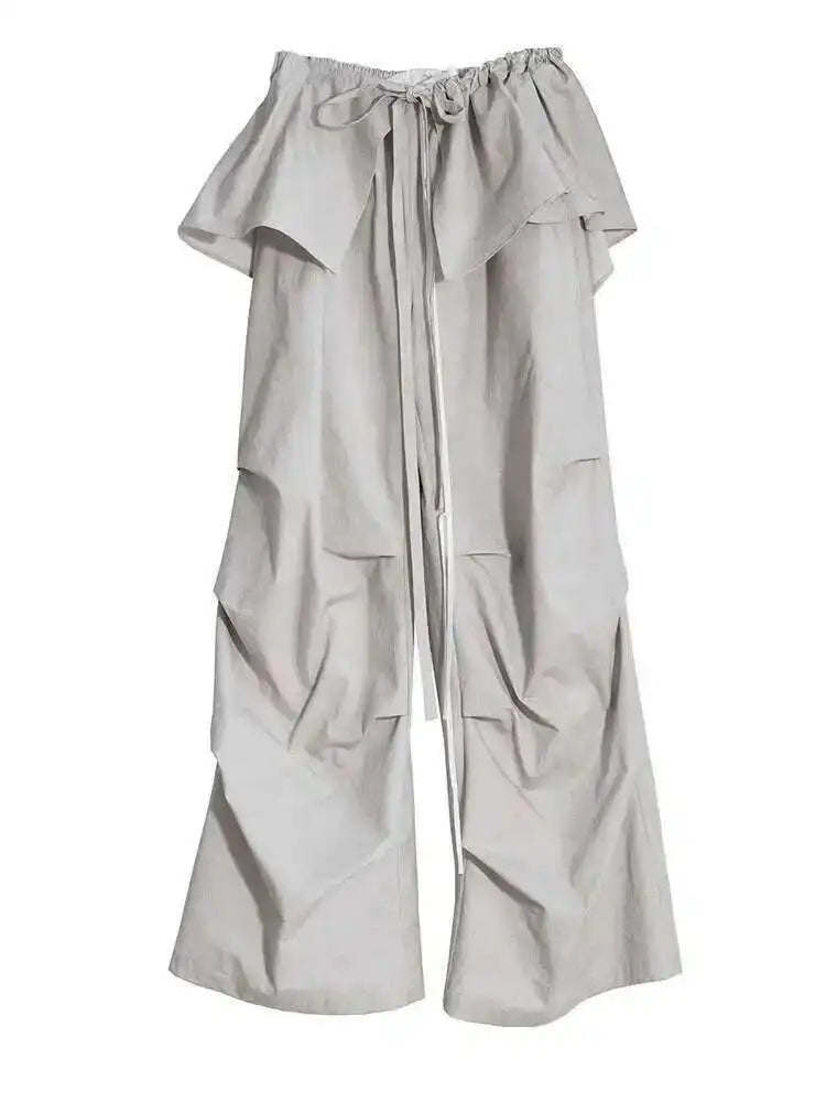 High Waist Gray Drawstring Ruffles Pleated Long Wide Leg Pants New Trousers Women Fashion Tide Spring Autumn 2025 1DH6257