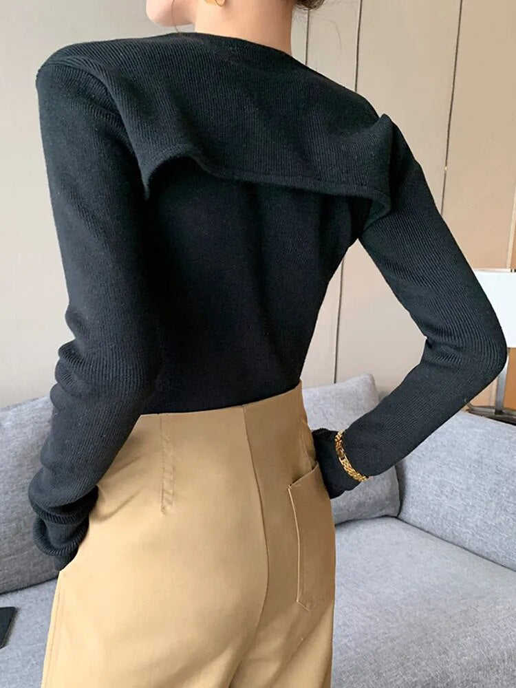 Pullover Sweaters For Women Square Collar Long Sleeve Hollow Out Slim Minimalist Sweater Female Fashion Clothes