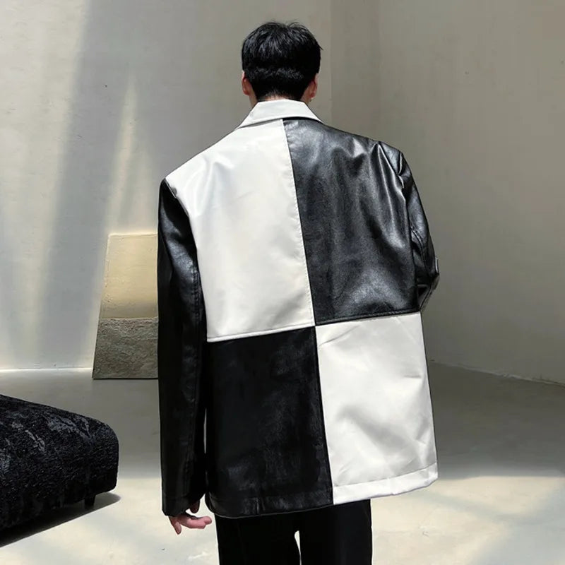 Patchwork Men's Jacket New Spring Design PU Leather Stylish Jacket Contrast Color Multi Pockets Male Clothing 9W1519