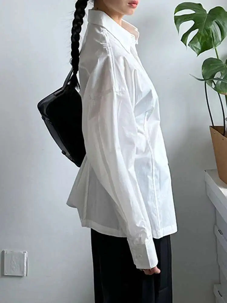Women White Back Button Pleated Big Size Elegant Blouse New Lapel Long Sleeve Shirt Fashion Spring Autumn 2025 1DJ0301