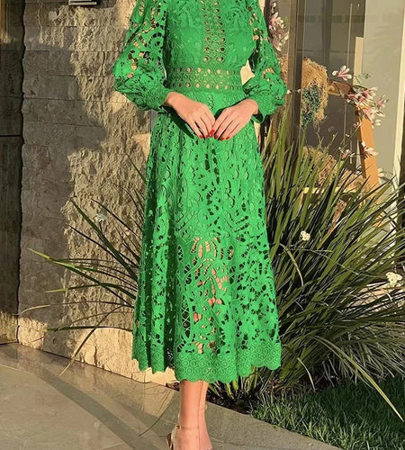 Vintage Solid Loose Dress For Women Stand Collar Long Sleeve High Waist Cut Out Lace Panel Dresses Female Spring Fashion New