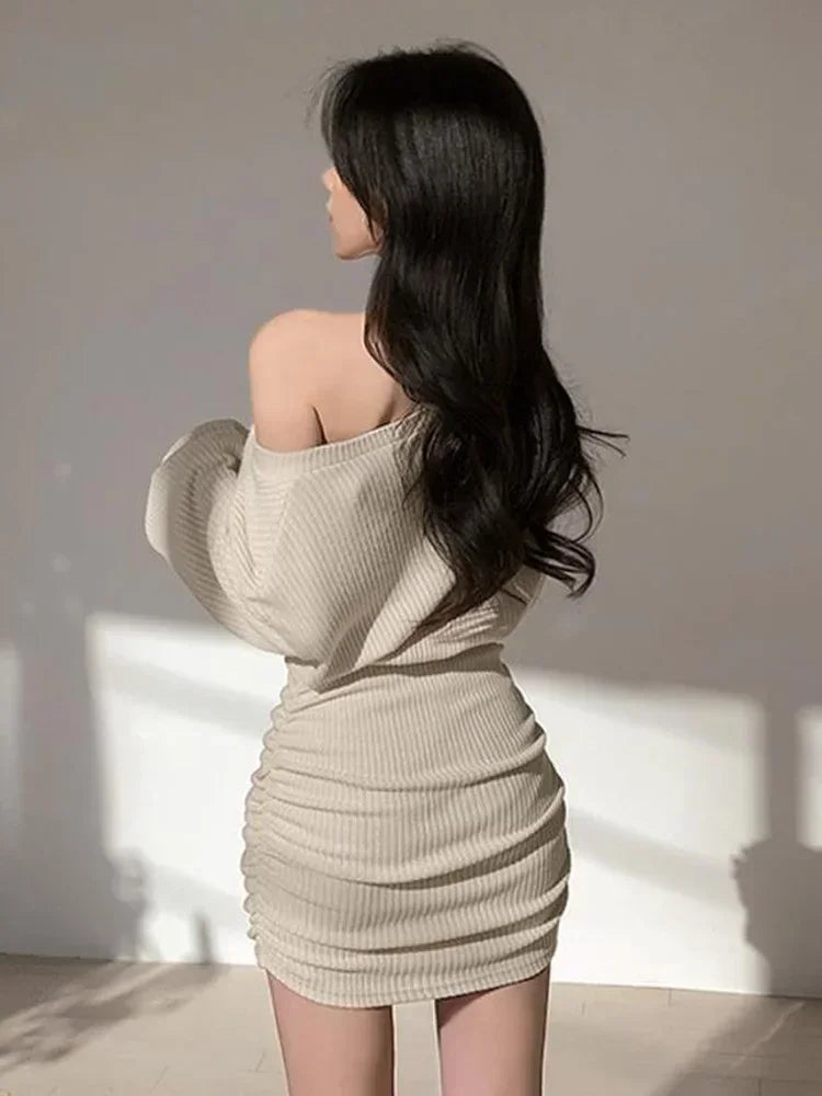 Autumn Seay Bodycon Wrap Mini Dress Women Korean Fashion Kpop Ruched Off The Shoulder Slim Short Dresses