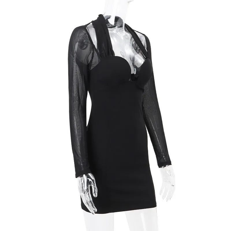 Mesh Strapless Long Sleeve Sexy Mini Dress For Women Off-shoulder Halter Chest Wrap Bodycon Club Party Dress Elegant
