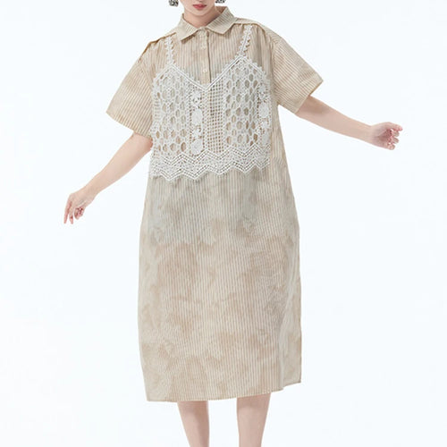 Load image into Gallery viewer, Women Black Striped Lace Spliced Big Size Midi Shirt Dress New Lapel Short Sleeve Fashion Tide Spring Summer 2025 1DJ1257
