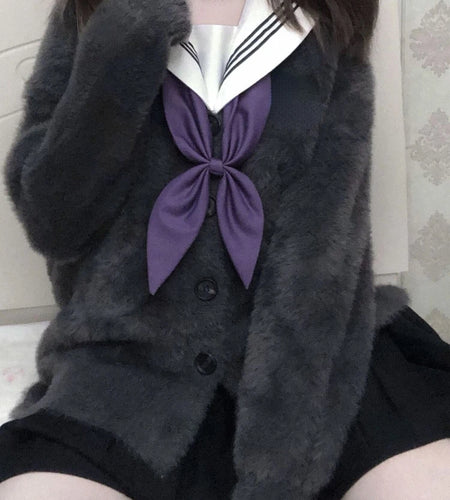 Thick Fluffy Cashmere Cardigan Women Casual V-neck Japanese Kawaii Puff Sleeve Sweater Coat Knitted Jumper Kardigan