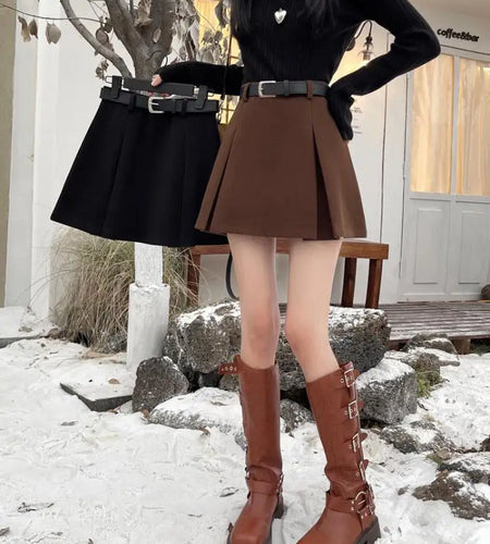 Black Party Woolen Mini Skirt Women Autumn Winter Brown A Line Wrap Hip Short Skirts Korean Fashion Harajuku Thick Pleated Skirt