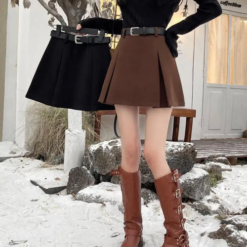 Load image into Gallery viewer, Black Party Woolen Mini Skirt Women Autumn Winter Brown A Line Wrap Hip Short Skirts Korean Fashion Harajuku Thick Pleated Skirt
