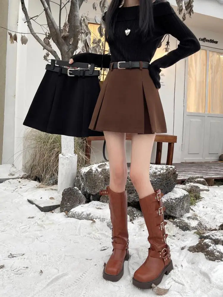 Black Party Woolen Mini Skirt Women Autumn Winter Brown A Line Wrap Hip Short Skirts Korean Fashion Harajuku Thick Pleated Skirt
